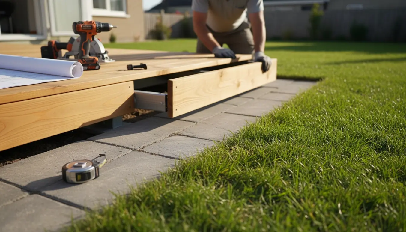 Delvist færdig træterrasse over fliser ved en grøn græsplæne med værktøj og arbejdshænder i sollys.