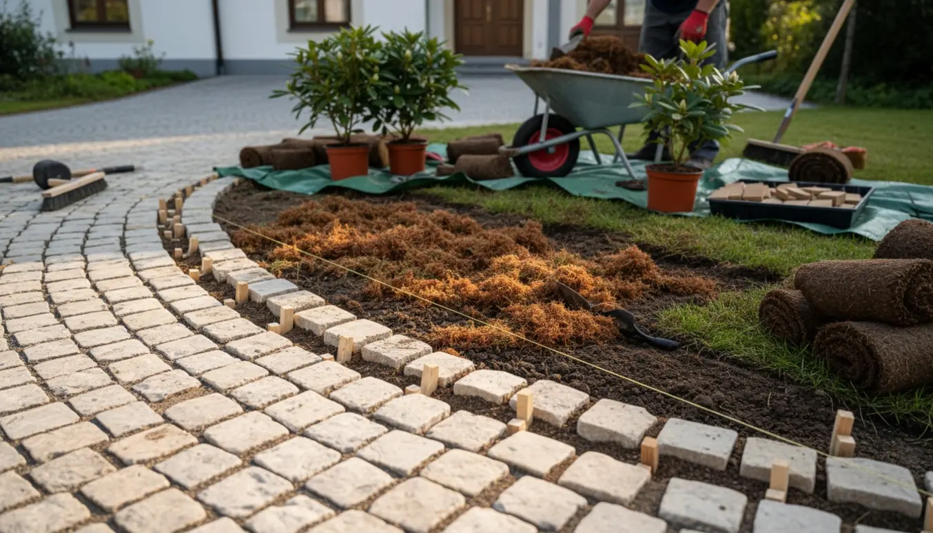 Forhave under anlæg med lyse portugisiske brosten, udrullede græstørv, spagnum og rododendron i potter.