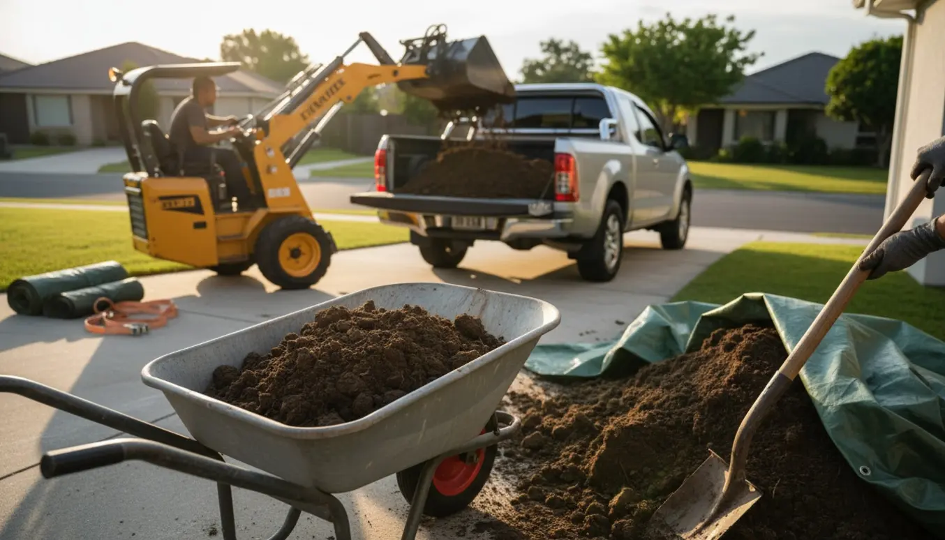 Overskydende havejord læsses i en trailer og en trillebør på en privat indkørsel.