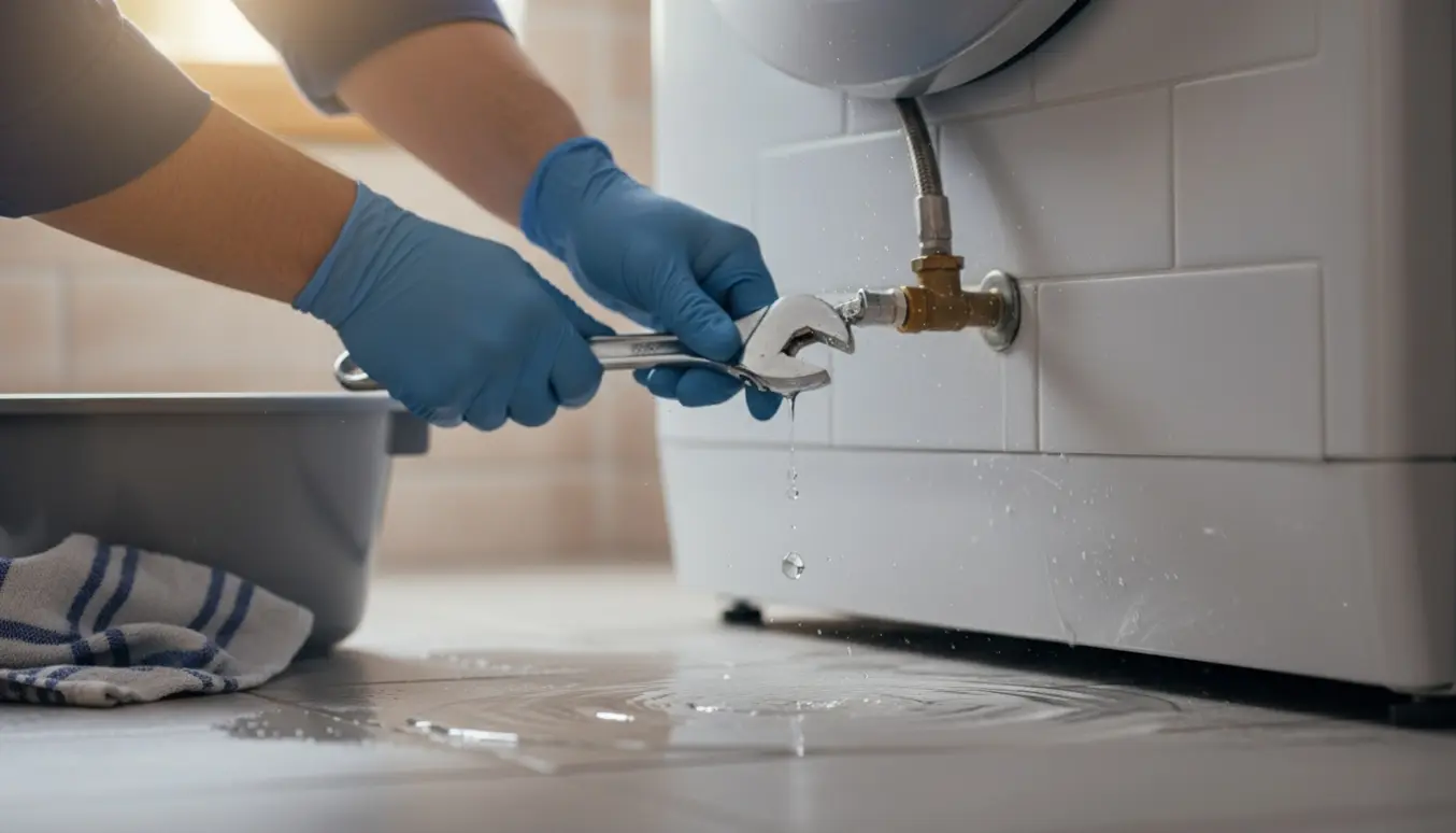 Hænder tætner en dryppende ventil til vaskemaskinen med en skruenøgle over et vandpyt på fliserne.