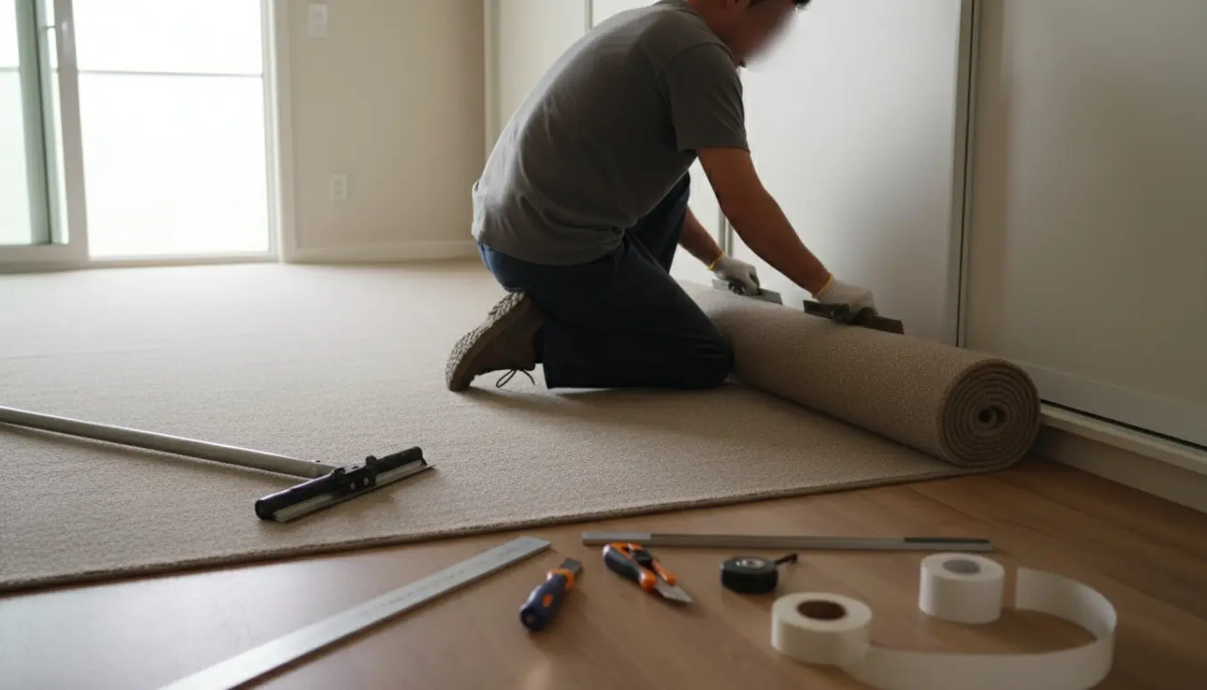 Håndværker lægger et lavt tæppe og tucker det ind ved skydedørsgarderobens skinne i et tomt værelse.
