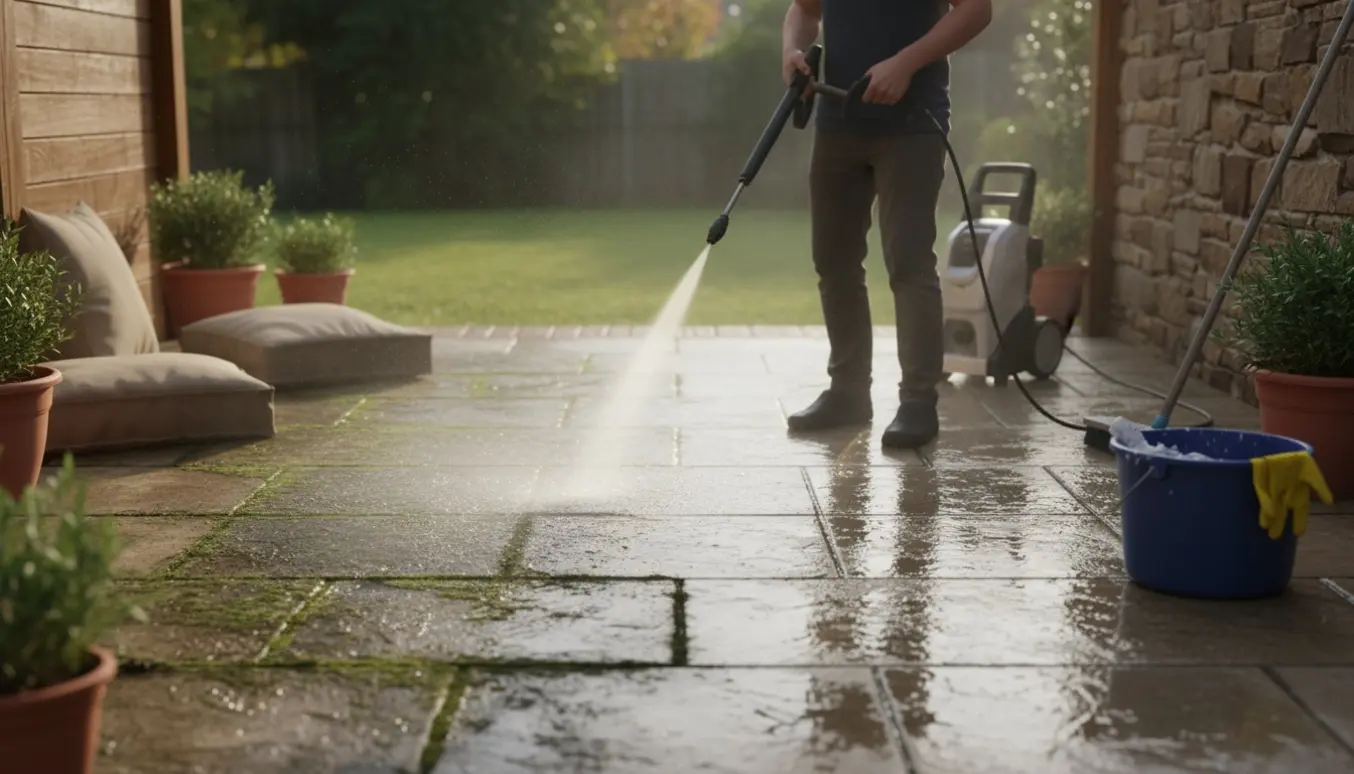 Rengøring af fliser på en lille terrasse med højtryksrenser, før-og-efter-effekt synlig.