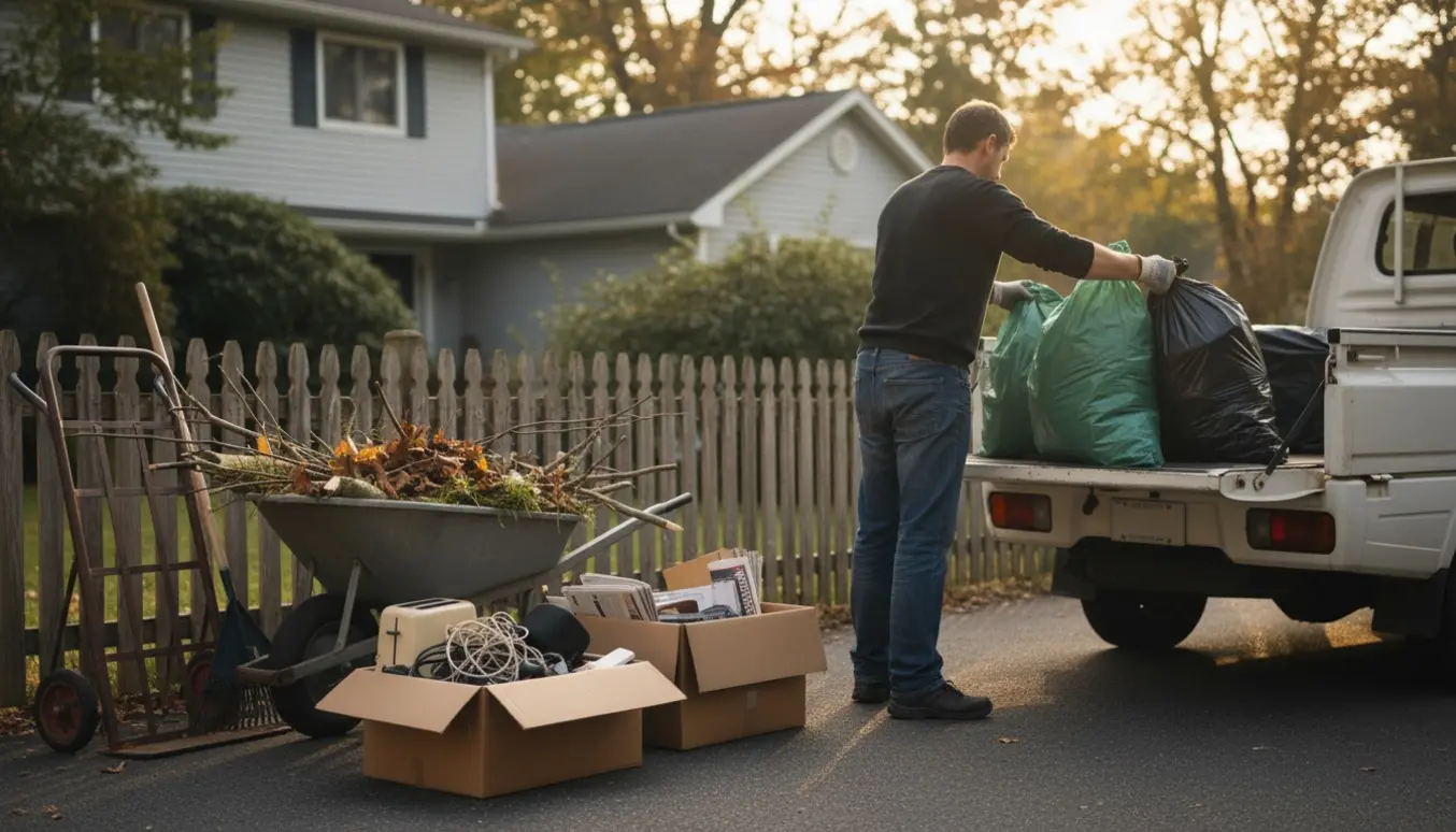 Curbside afhentning af sorteret affald med haveaffald, poser og kasse med småelektronik ved indkørsel.
