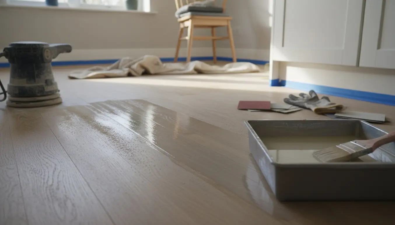 Halvt slebet og nylakeret trægulv i et lille køkken med slibemaskine og malerulle.
