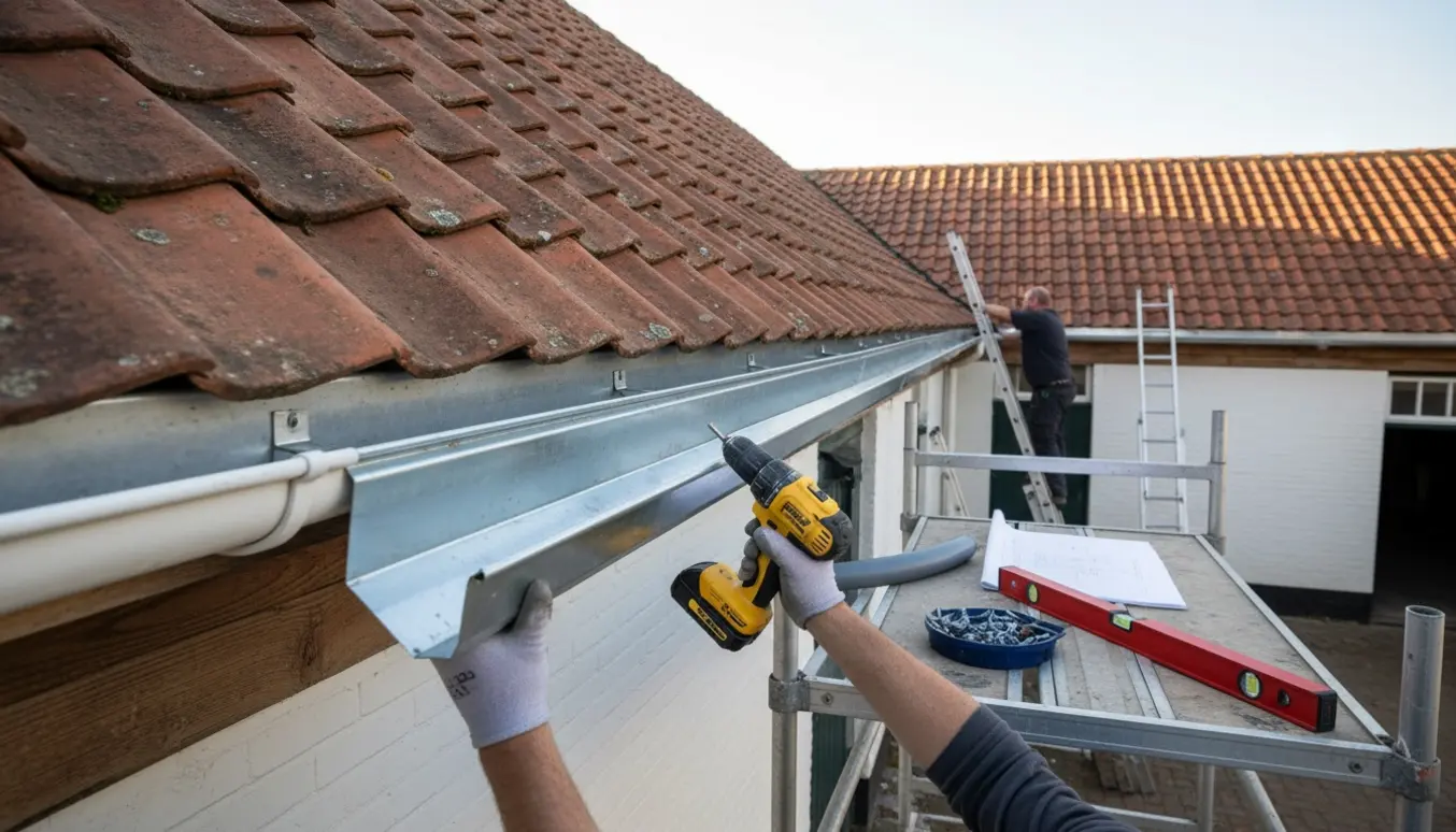 Montage af en bred ståltagrende på en firlænget gårds længe med værktøj og stillads.