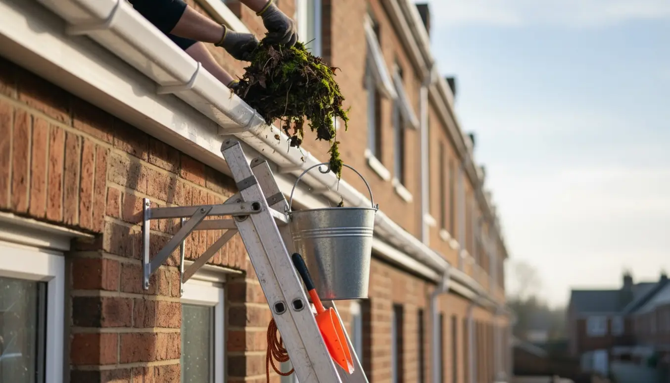 Hænder renser tagrende på et rækkehus fra en stige og fjerner blade og mos.