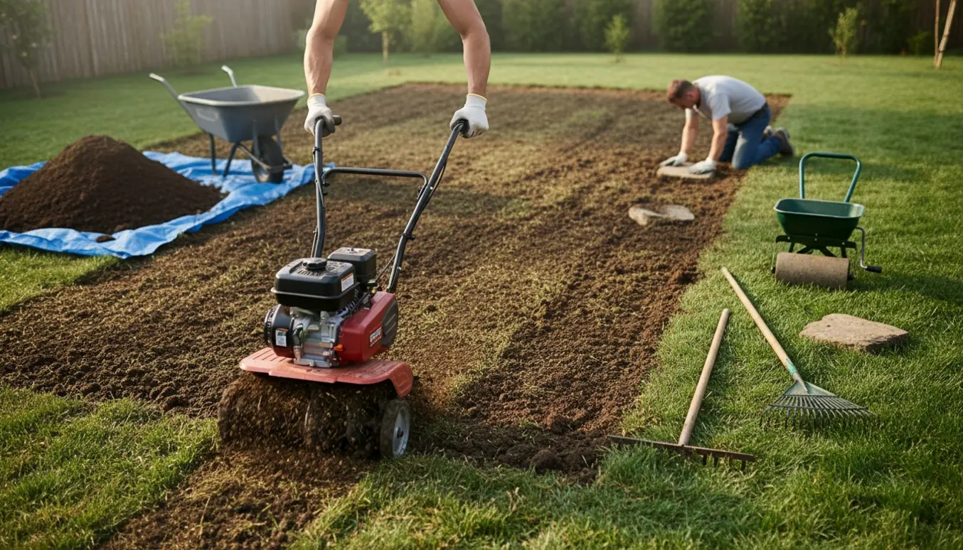 Baghave hvor græsplæne planeres og sås med muld, værktøj og indarbejdet græstørv.