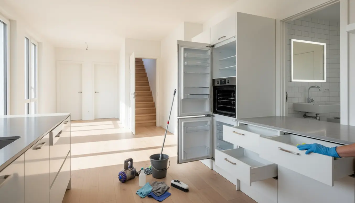 Tom, nyrengjort lejlighed med åbne skabe, rengøringsudstyr og skinnende ovn og køleskab.
