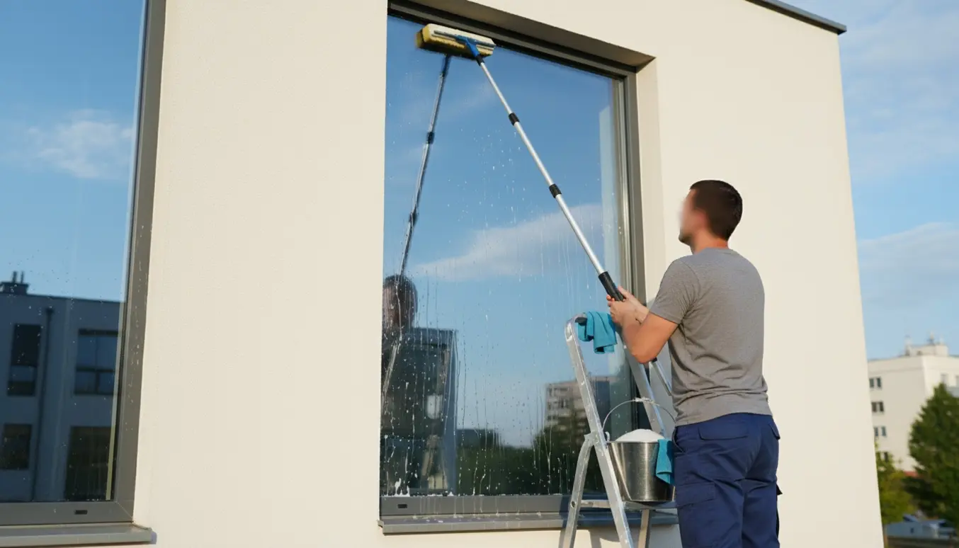 En udvendig vinduespudser bruger en forlænget skraber og spand foran en facade med flere rene vinduer.