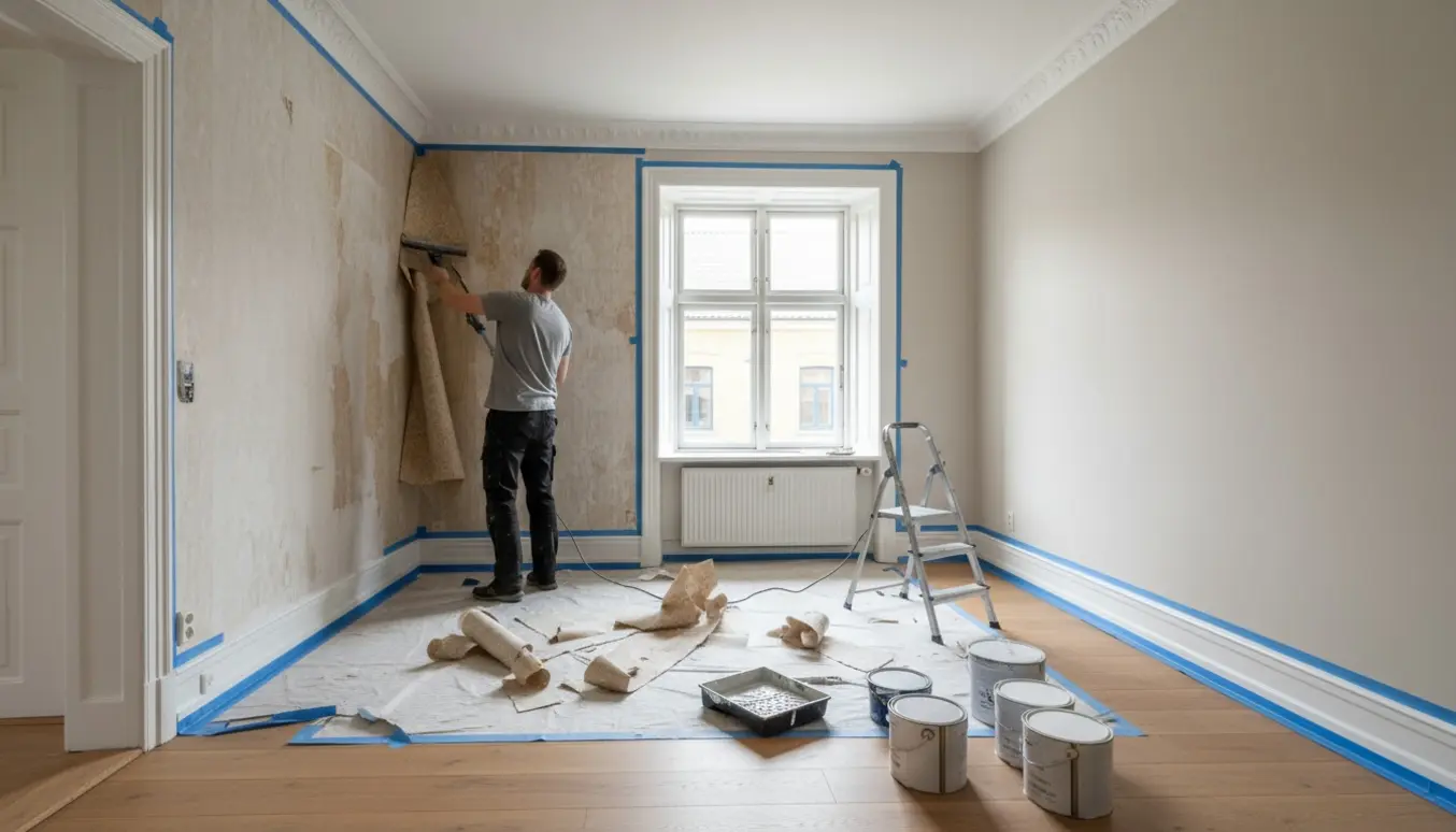 Stue under renovering med fjernet savsmuldstapet, væv på væggen og malerredskaber klar.