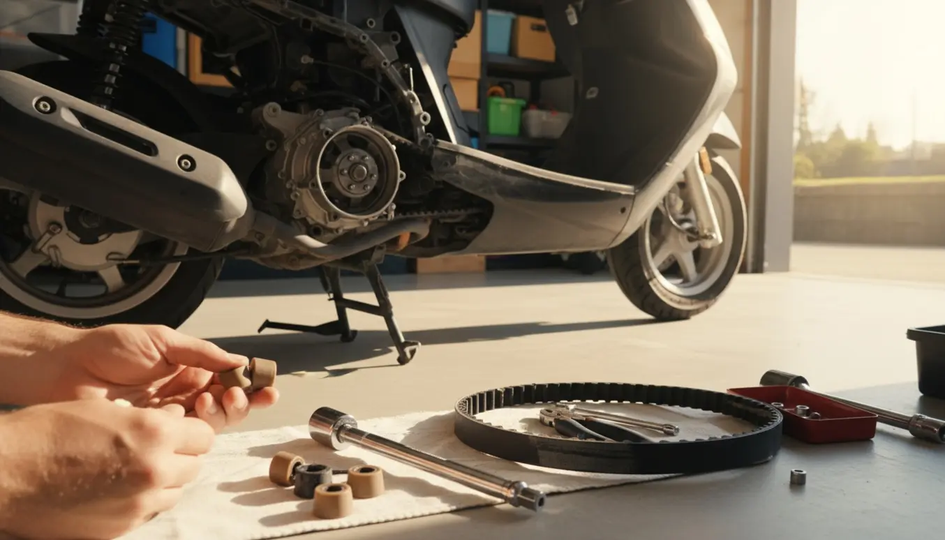 Nærbillede af Kymco Super 8 50cc på støtteben med variatordele, nye og brugte ruller samt rem klar til udskiftning.