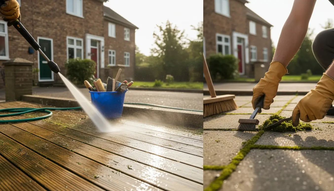 Våd træterrasse og flisebelagt forhave hvor alger og mos fjernes med højtryksrenser og børster.