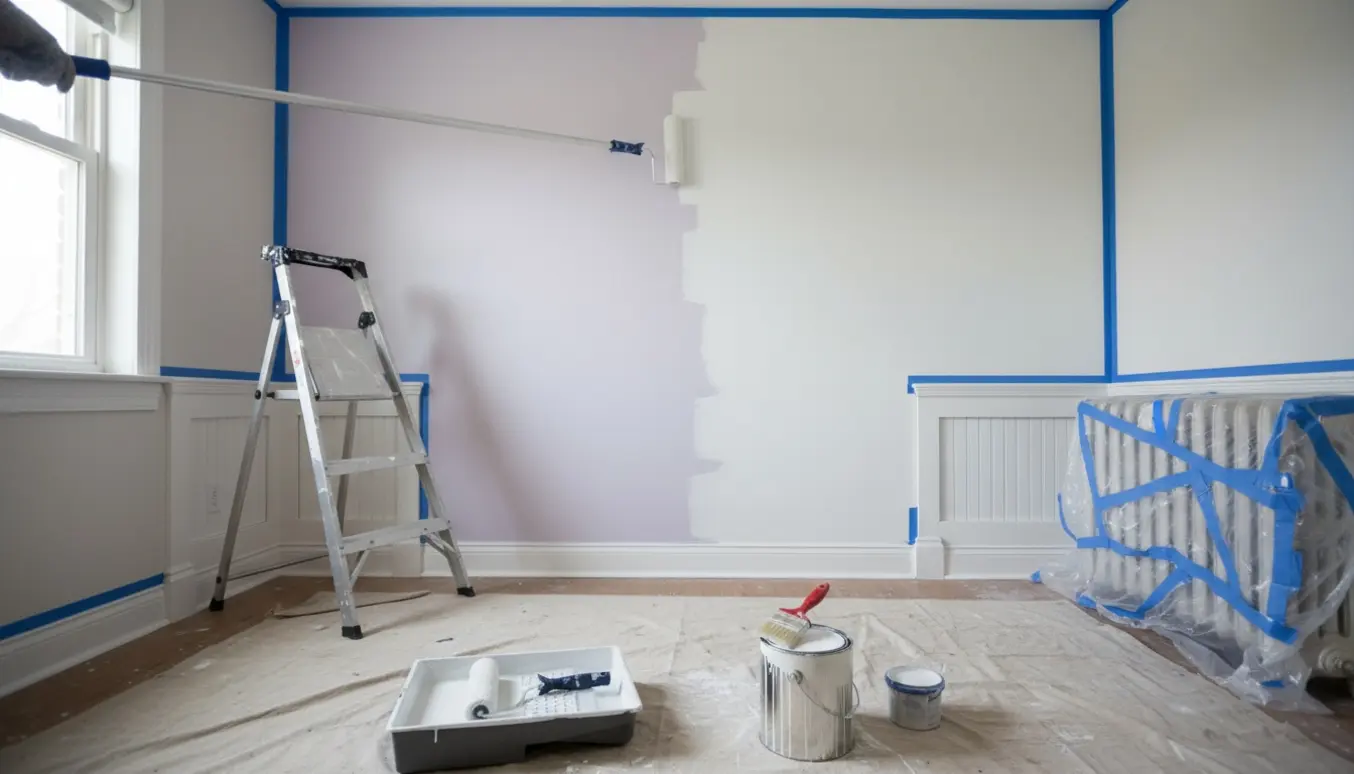 Værelse med delvist malet hvid væg og malerværktøj i naturligt dagslys.