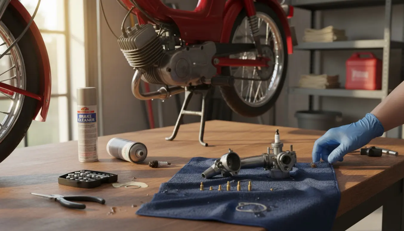 Knallert på centerstøtte med adskilt karburator og rengøringsværktøj på et solbeskinnet værkstedsbord.