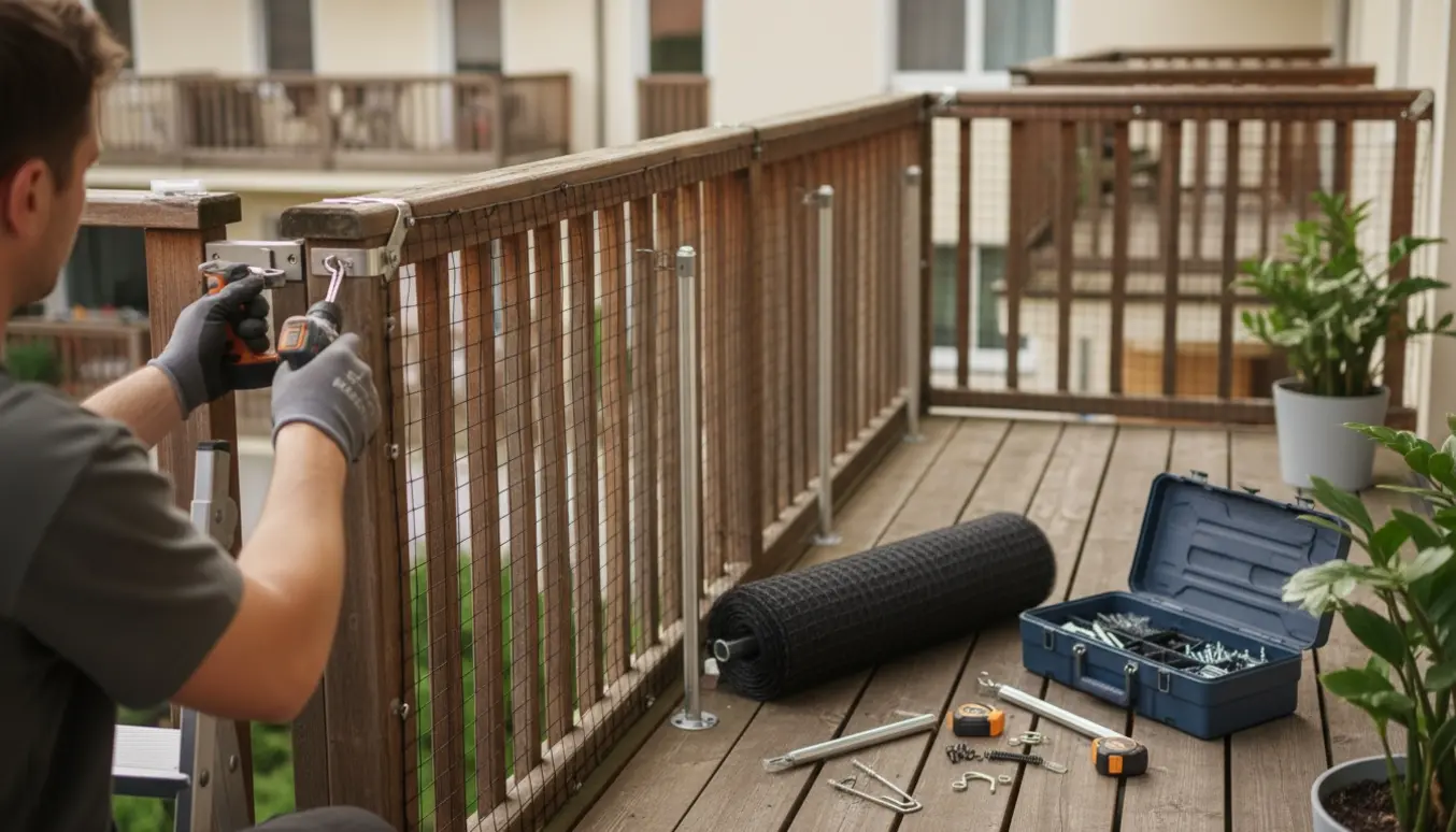 Håndværker monterer kattesikring med net på altan med værktøj og materialer.