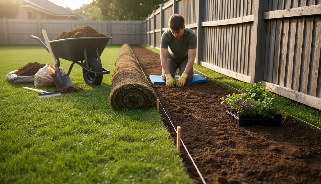 Langt, smalt bed langs et træhegn under anlæg med spade, trillebør og planter klar til plantning.