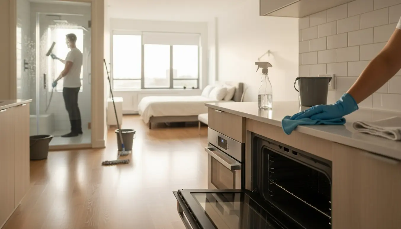 Hænder tørrer et køkkenbord med mikrofiberklud, mens et åbent badeværelse med pudset spejl og brusekabine ses i baggrunden.