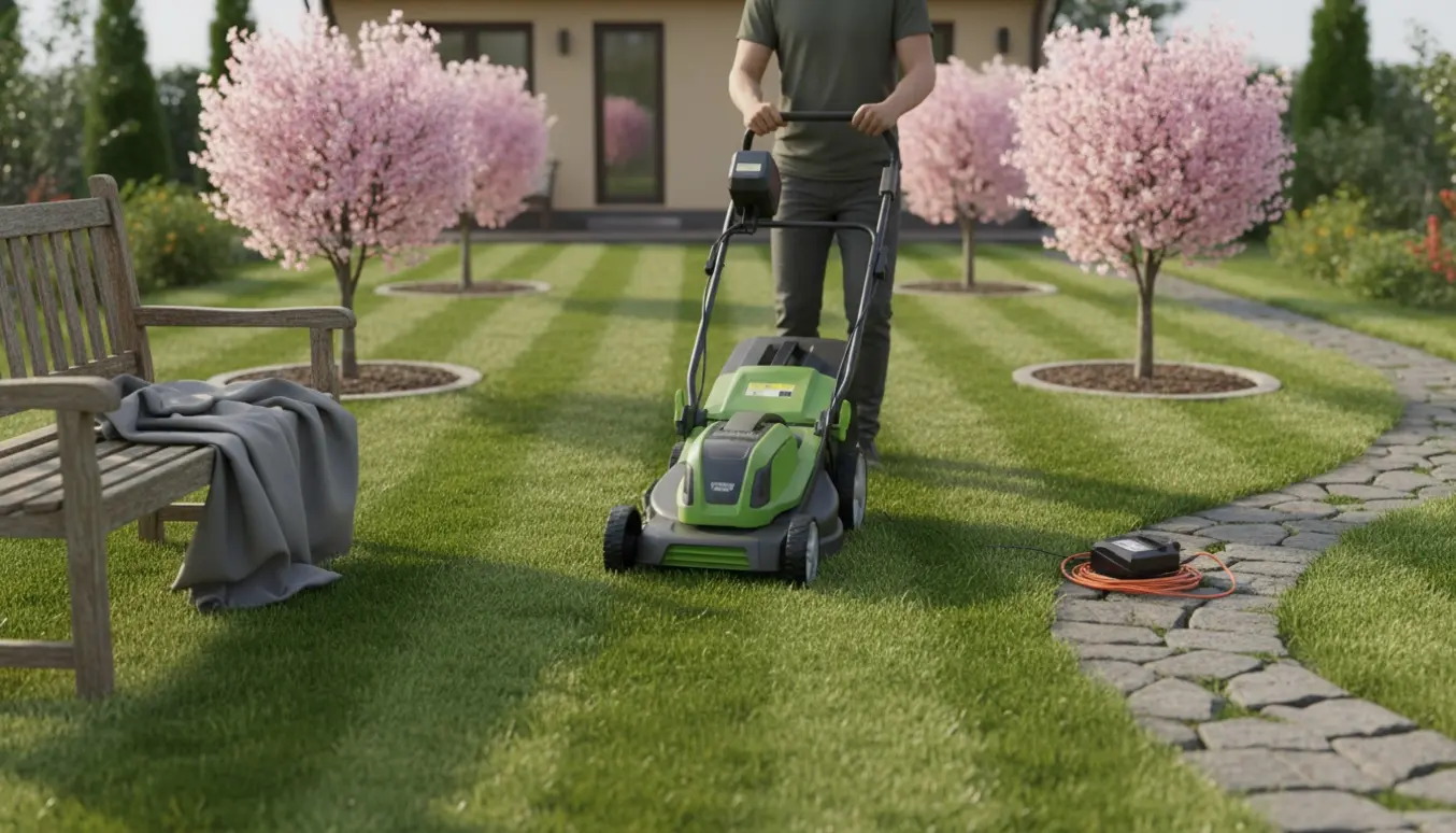 En gartner set fra ryggen klipper en lille græsplæne på ca. 40–45 m² med tre runde bede og pyntetræer.