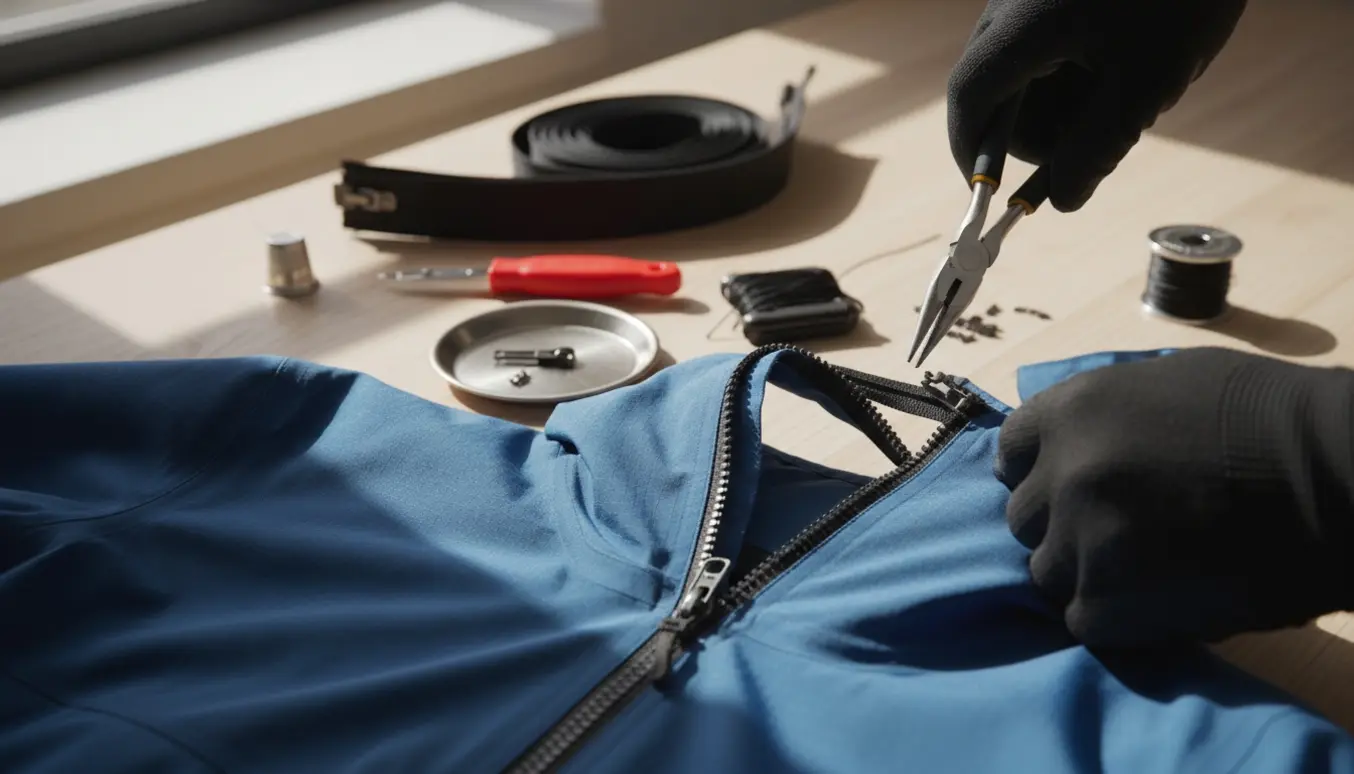 Højtydende jakke på værkstedsbord med hænder og tang i færd med at reparere en defekt lynlås.