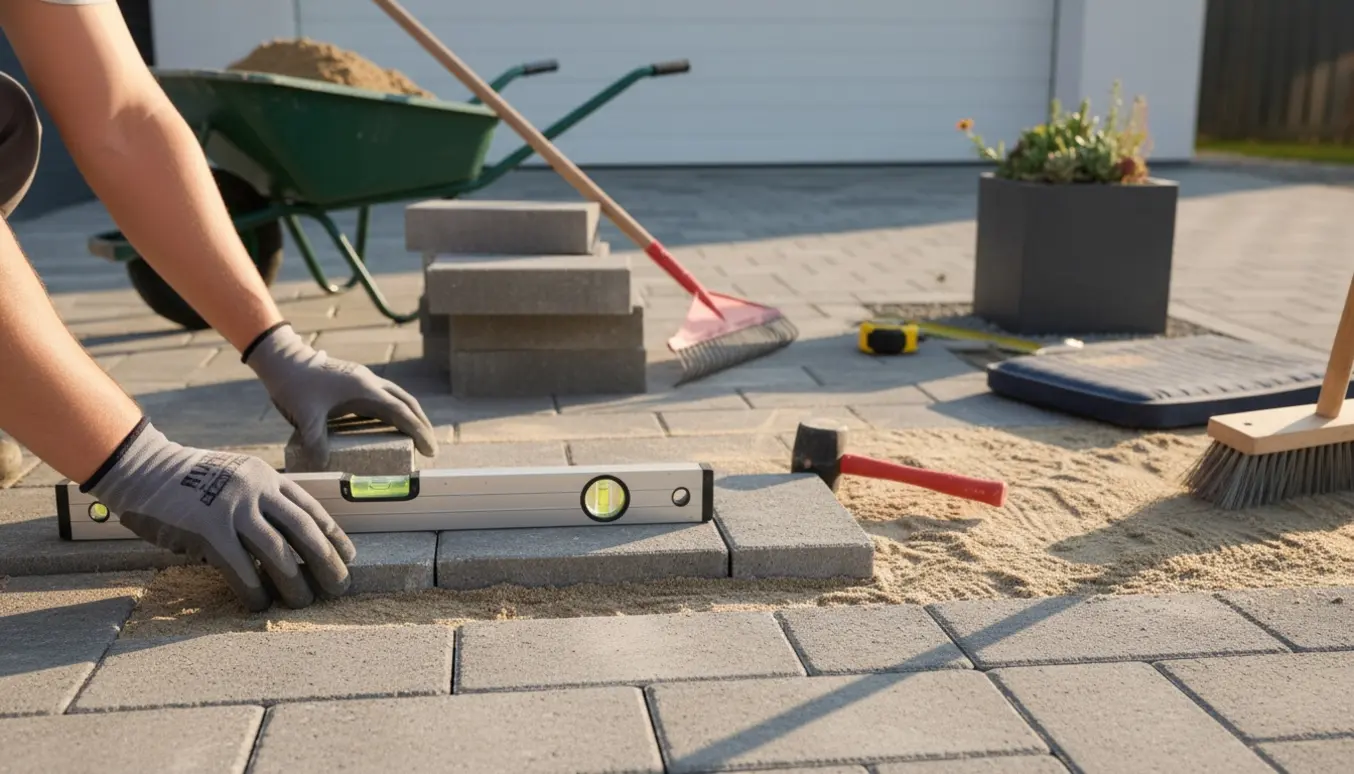 Hænder lægger nye fliser på flisegang, lille terrasse og foran garage i blødt sollys.