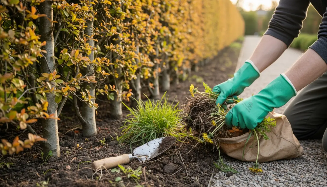 Nærbillede af handskeklædte hænder, der luger ukrudt ved bunden af en lang bøgehæk.