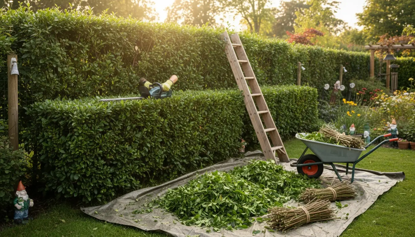 Nærbillede af hæk, hvor toppen lige er klippet ned med værktøj og opsamlet grønt affald mellem to haver.