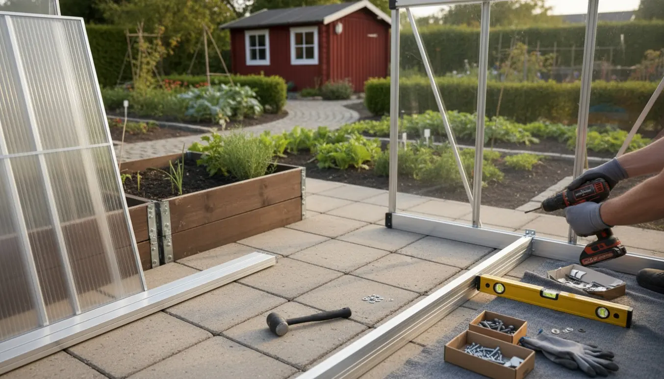 Opsætning af et aluminiumdrivhus på fliser i en kolonihave med værktøj og hænder i fokus.