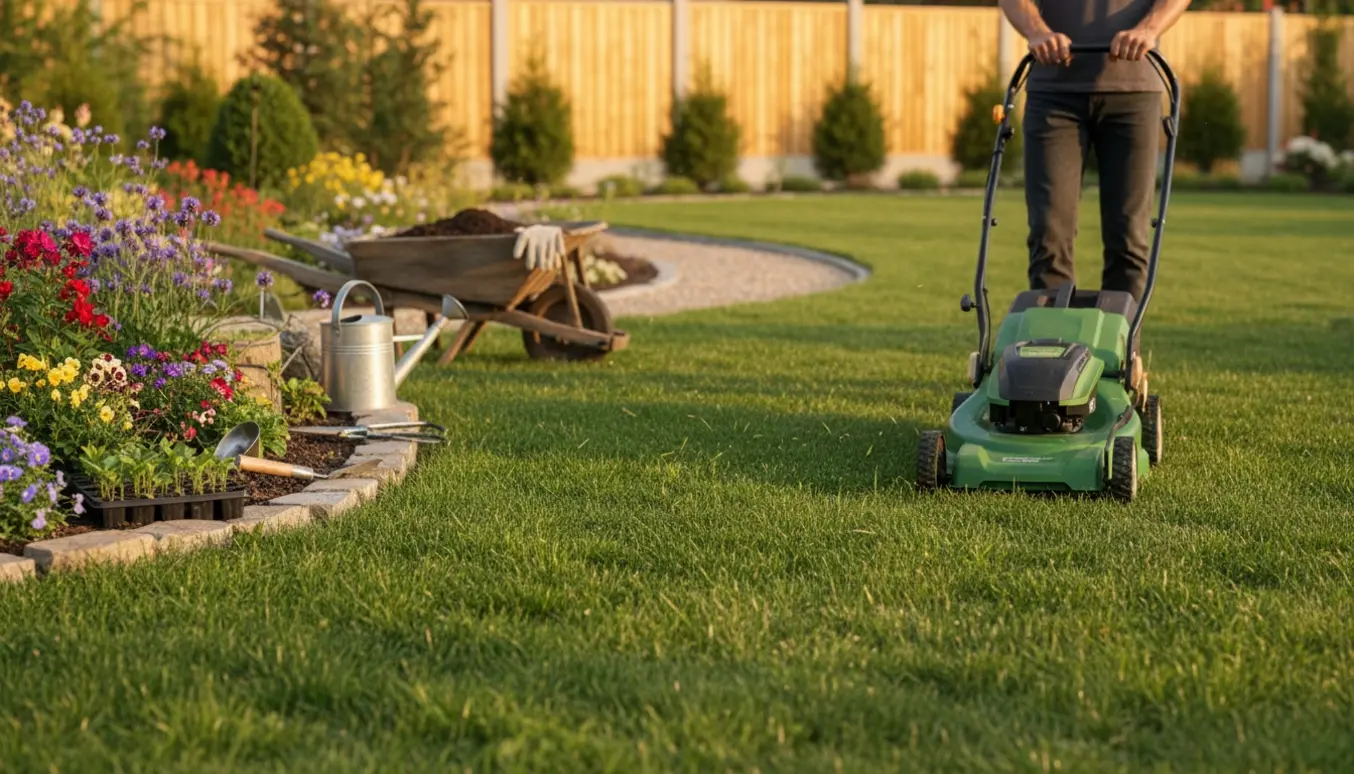 Person slår græs i en solrig have med plæneklipper og haveværktøj i baggrunden.