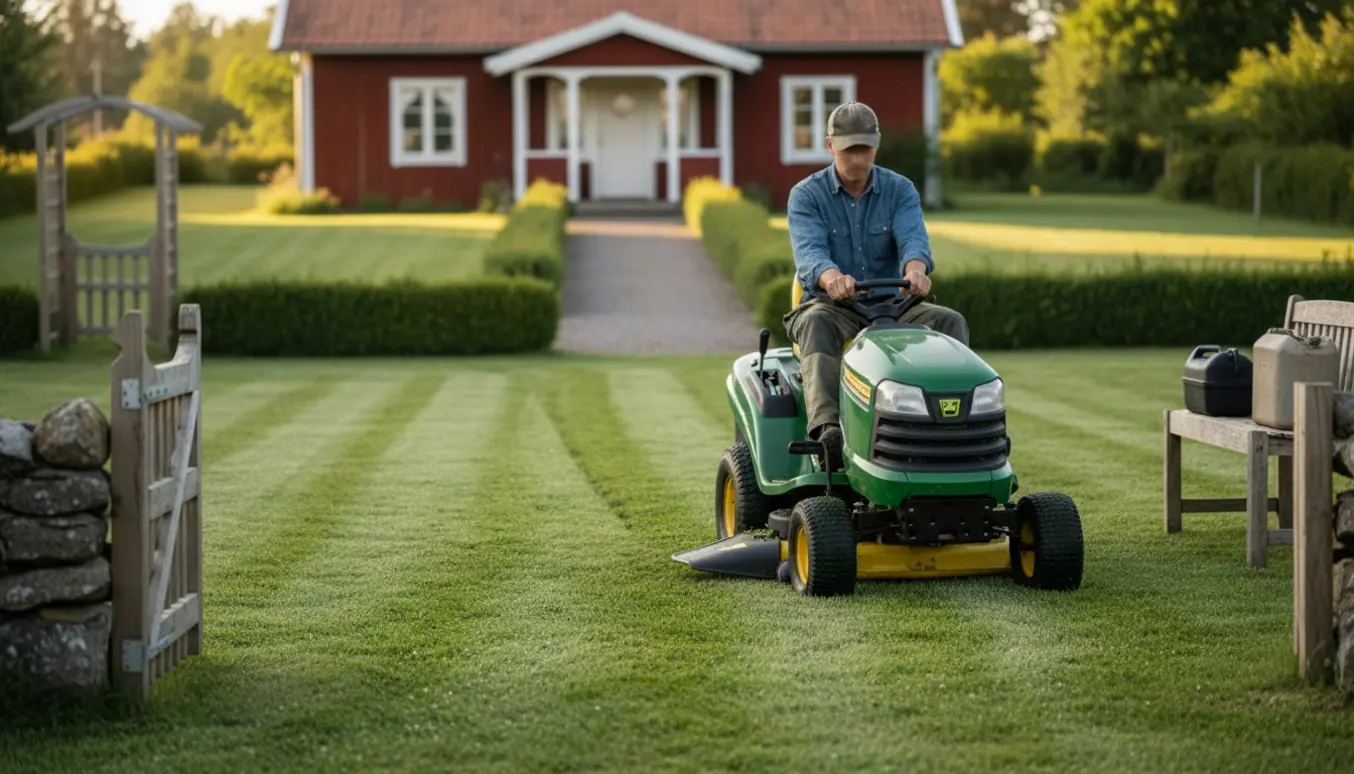 Ride-on plæneklipper laver stribede snit på græsplænen ved et sommerhus, hvor for- og baghave er forbundet.