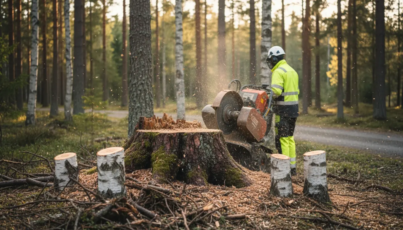En kompakt stubfræser arbejder på en gammel fyrrestub og tre nyligt fældede birkestubbe i en skovlysning.