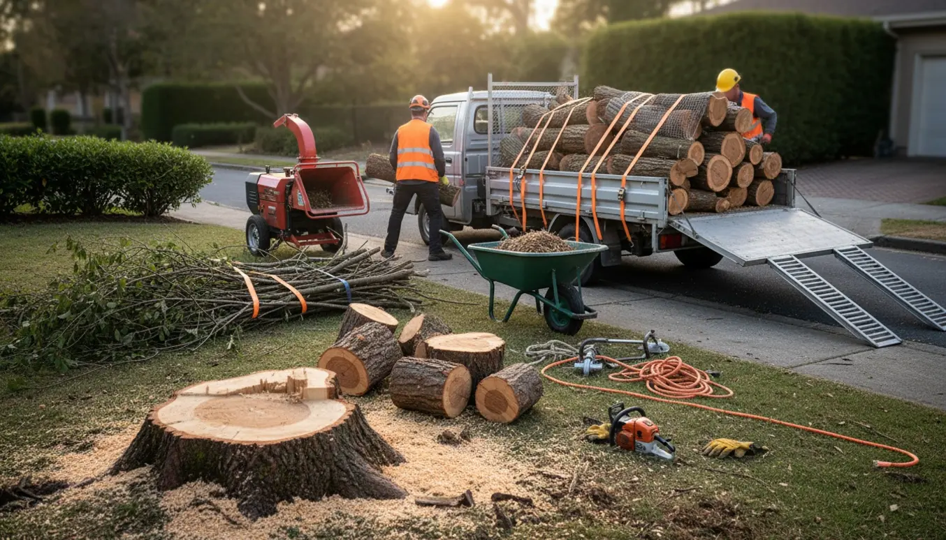 Fjernelse af træ ved rabatten med skårne stammer stablet ved en trailer og flishugger klar til bortkørsel.