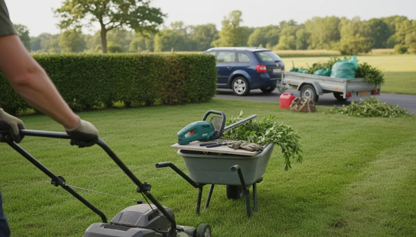 En gartner slår græs med en motorplæneklipper, hækken er delvist klippet, og en trailer med hækaffald står klar.