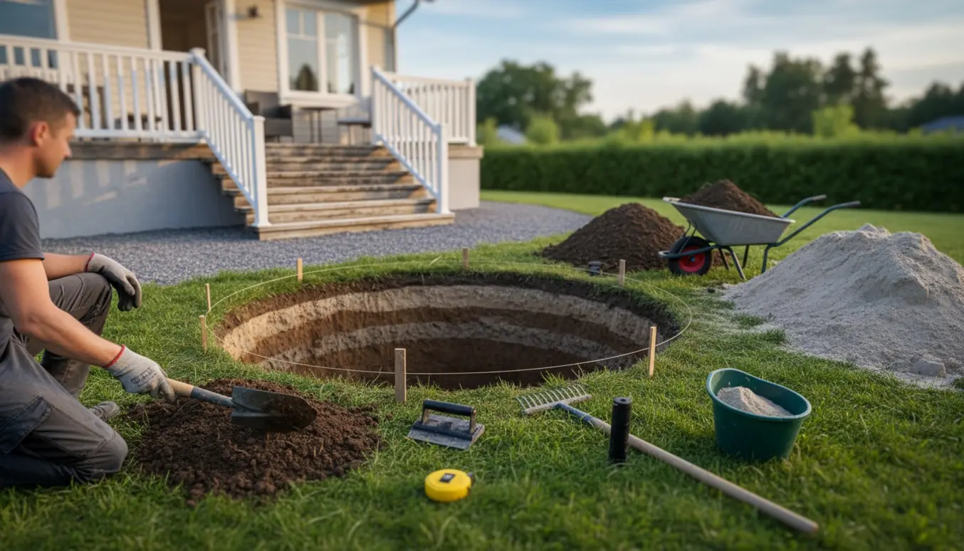 Udgravning af cirkulært hul til trampolin i en have med trappe, jordbunker og redskaber.