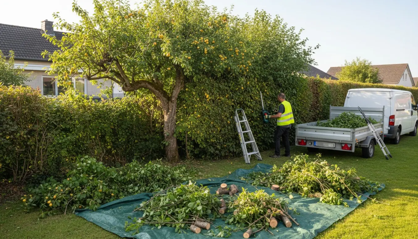Beskæring af en høj, blandet hæk ved villagrund med afklip samlet i trailer til bortkørsel.