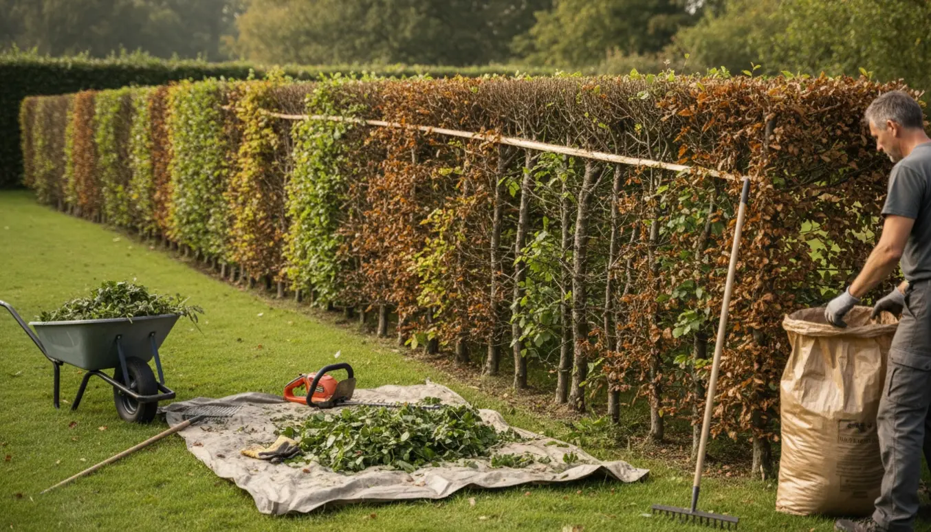 En lang bøgehæk toppes og affald samles i trillebør og på tarp i en pæn have.
