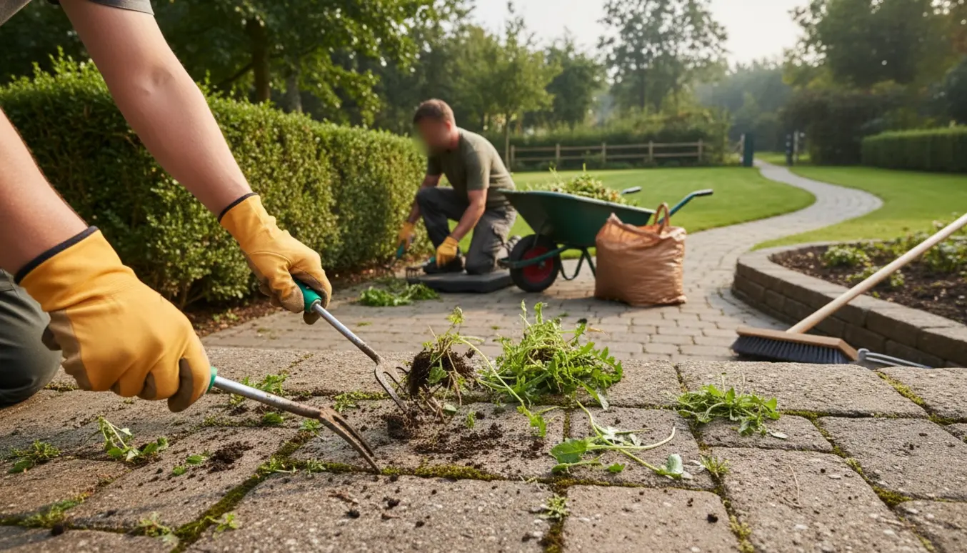 Nærbillede af handskerede hænder, der fjerner ukrudt mellem fliser og under en hæk på en rummelig havegrund.