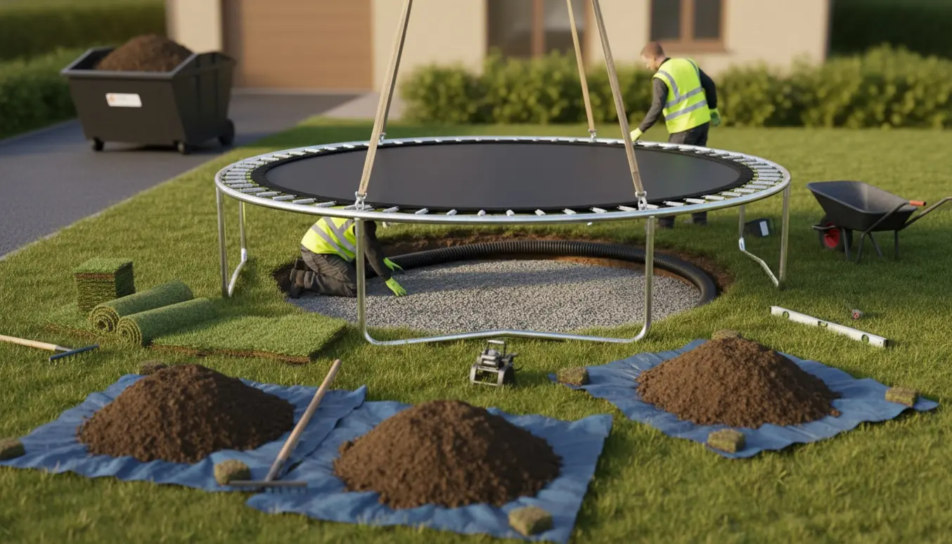 Nedgravning af en rund trampolin i en forhave med jordbunker, rullemåtter og værktøj, installeret uden håndgribelige ansigter.