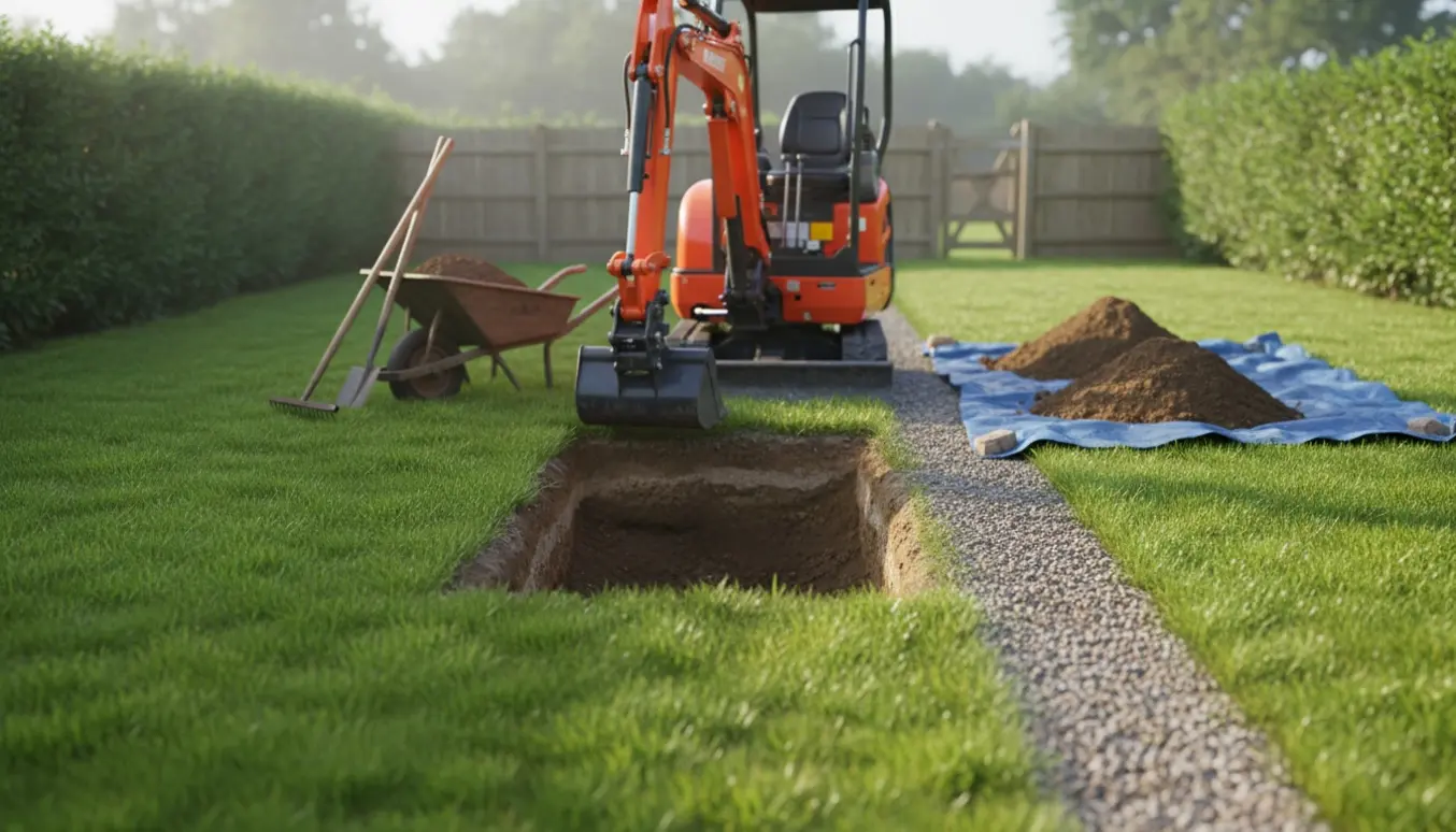 Mini-graver graver et rektangulært hul til en nedgravet trampolin i en have, med jordbunker og værktøj ved siden af.
