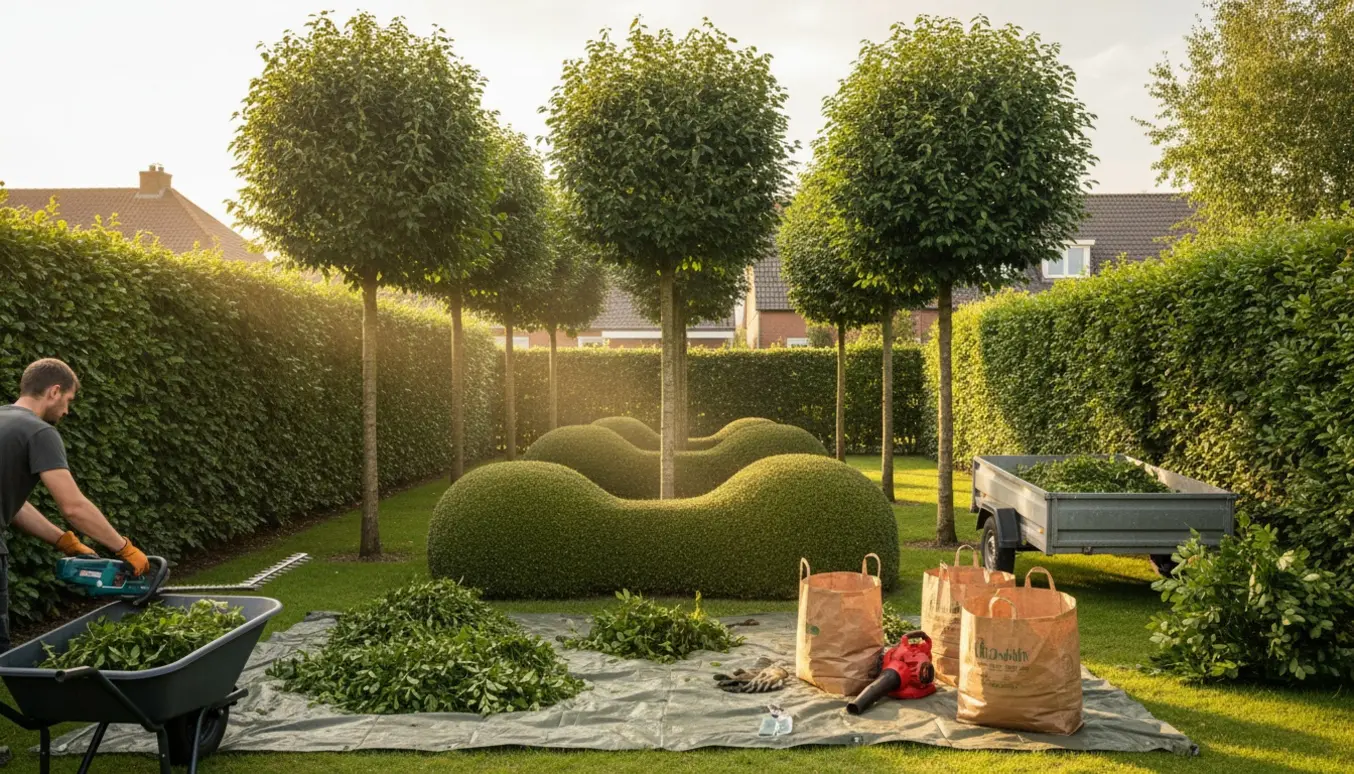 Hækkeklippere samler nyslået efeu, liguster og bøgehæk i trillebør og trailer ved siden af opstammede kirsebærlaurbær.