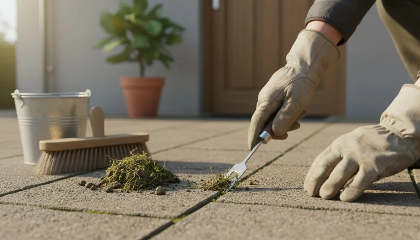 Nærbillede af hænder, der fjerner ukrudt mellem betonfliser i en solbelyst gårdsplads.