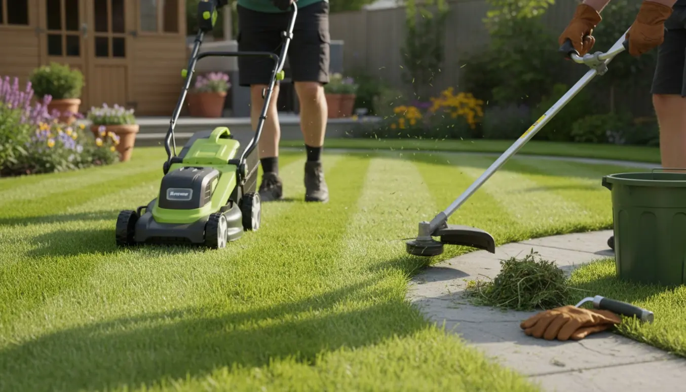 Person slår græs og klipper kanter i en lille have med en plæneklipper og kanttrimmer.