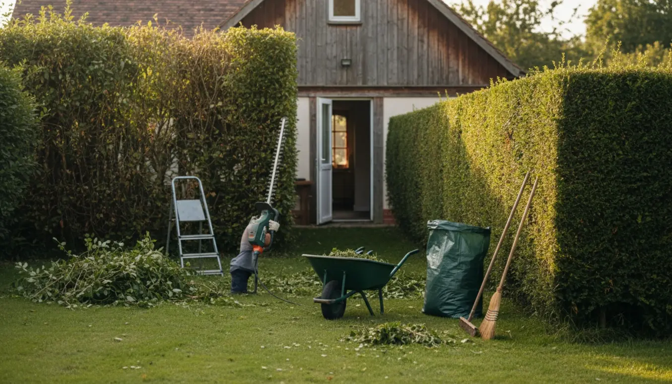 Fra bagsiden af huset ses en person uden synligt ansigt, der klipper og rydder afklip fra en lang, tæt hæk.