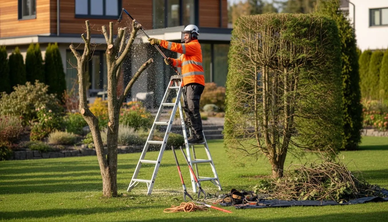 Gartner i sikkerhedsudstyr beskærer to træer med stige og motorsav, med afklippede grene samlet på en presenning.