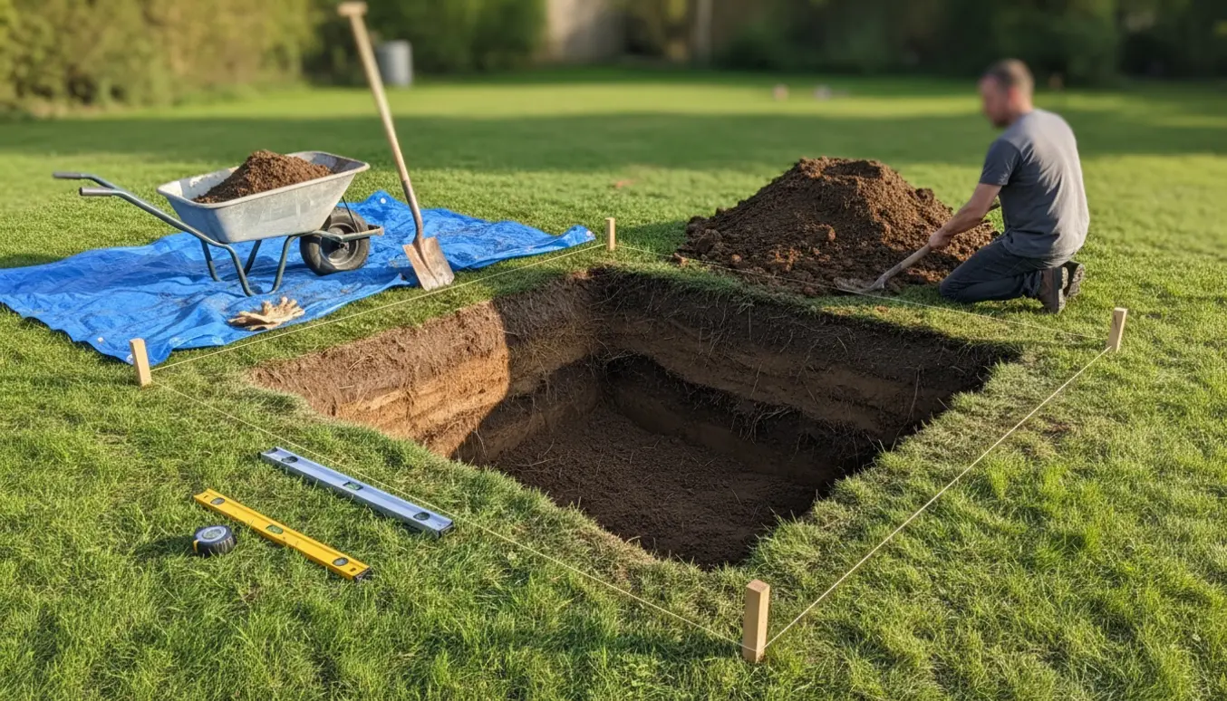 Udgravning til nedgravet trampolin i baghave med rektangulært hul, skovl, trillebør og en stor bunke jord ved siden af.