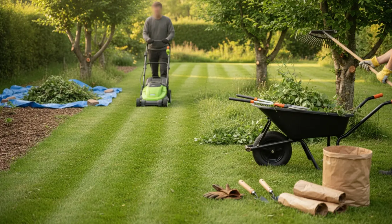 En rygløst billede af havearbejde med plæneklipper, fjernelse af ukrudt og beskårne bøgetræsgrene i en solrig sommerhave.