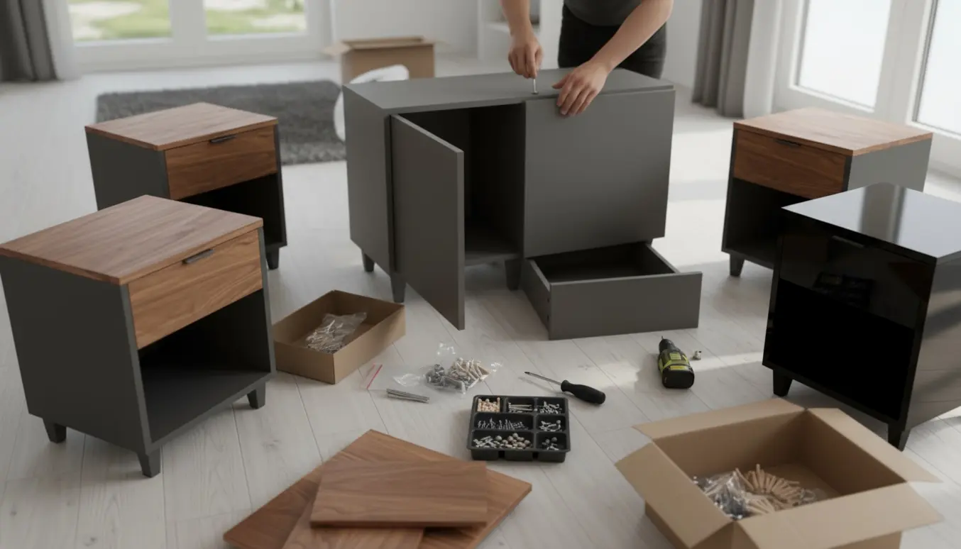 Nærbillede af montage af seks Vicco-møbler (natborde og kommoder) på et lyst gulv med værktøj.