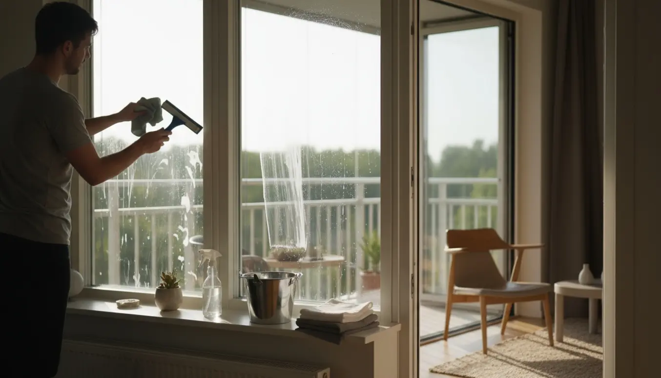 Indvendig rengøring af store vinduer mod en altan, hænder bruger skraber og microfiberklud.