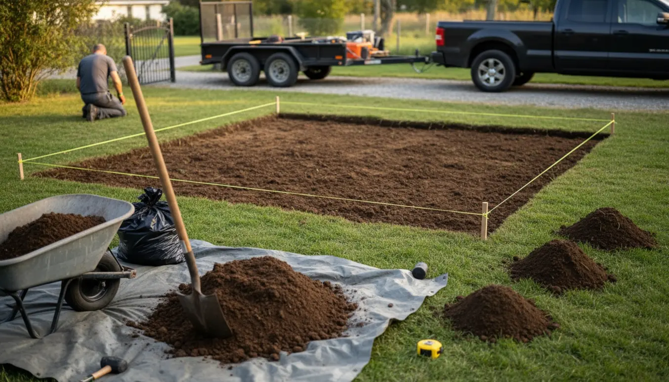 Baggård med udgravet rektangulært område til terrasse, skovl, trillebør og trailer i baggrunden.