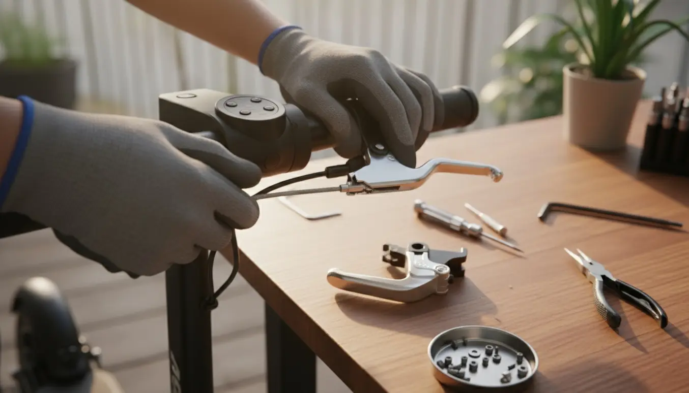 Hænder udskifter et knækket bremsehåndtag på en elektrisk scooter ved et ryddeligt arbejdsbord.