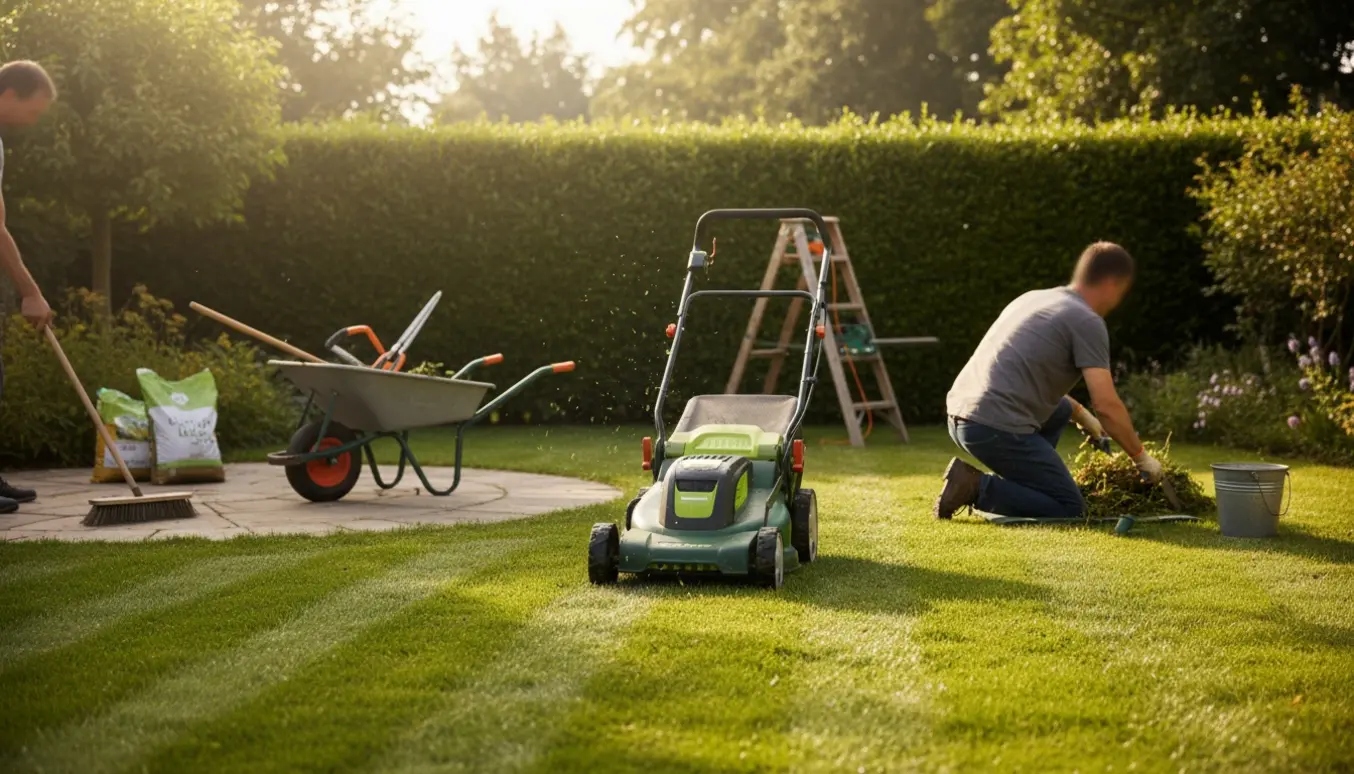Havearbejde med græsslåning, ukrudtsrens, hækkeklip og fejning i en velplejet have.